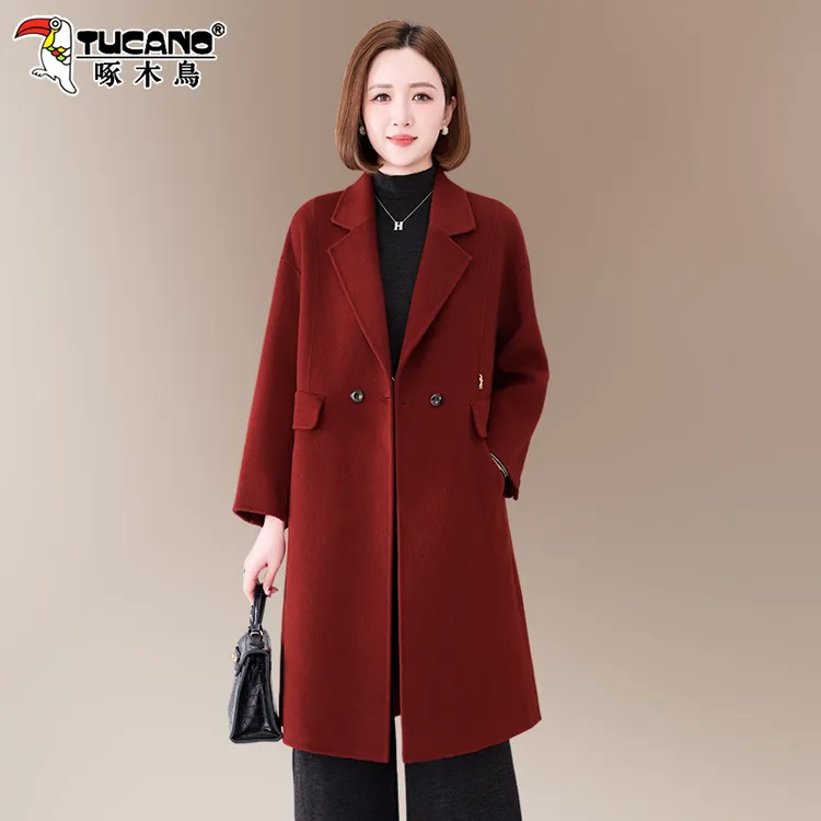 啄木鸟红色大衣女双面羊绒高级感秋冬2026新款喜婆婆长款毛呢外套