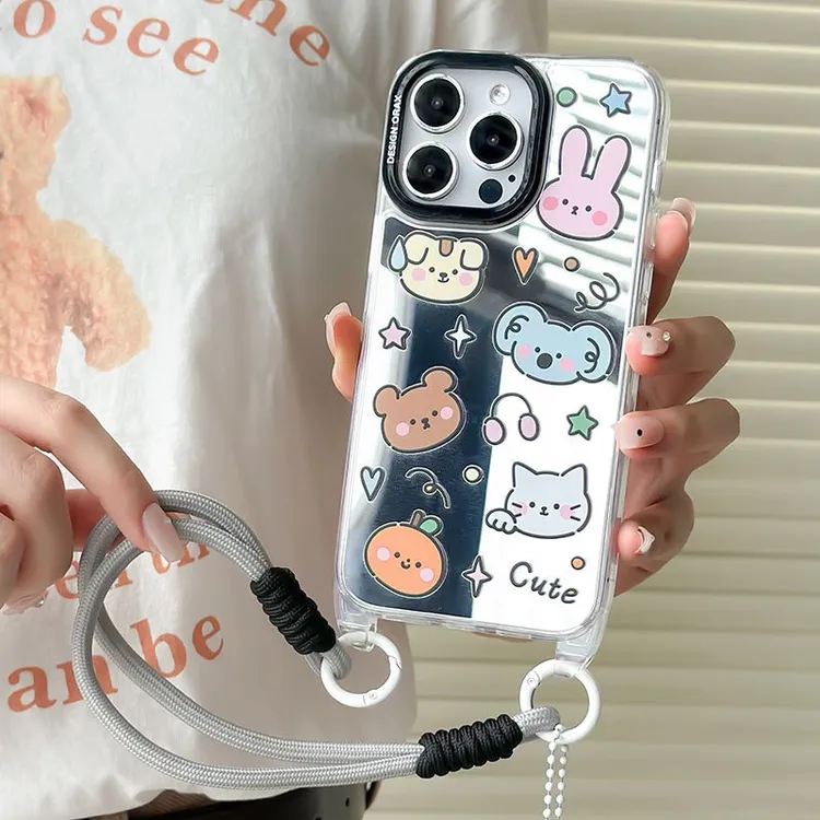 卡通镜面挂绳适用于iPhone16ProMax苹果15手机壳14/13女款12/11