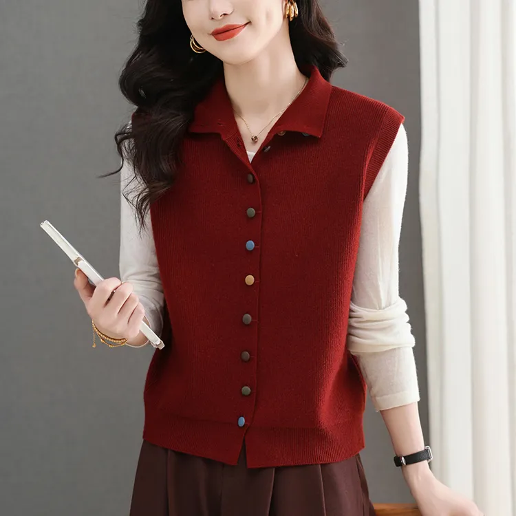 翻领彩扣马甲上衣别致百搭女士无袖针织衫2025新款宽松高级感马夹