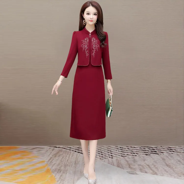 高端喜婆婆婚宴装礼服高档长袖连衣裙女秋款高贵洋气妈妈十一结婚