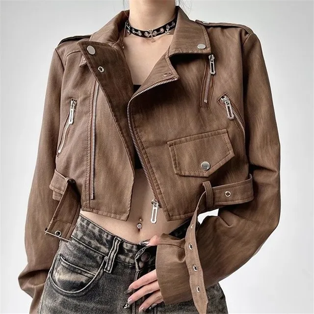 美式复古时尚流行酷飒风皮衣外套女春秋街头小个子宽松短款皮夹克