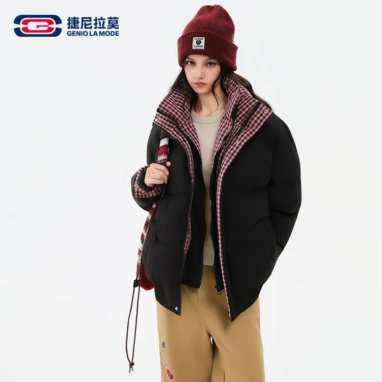 【敖瑞鹏代言】捷尼拉莫冬季格子拼接棉衣男女同款立领棉袄