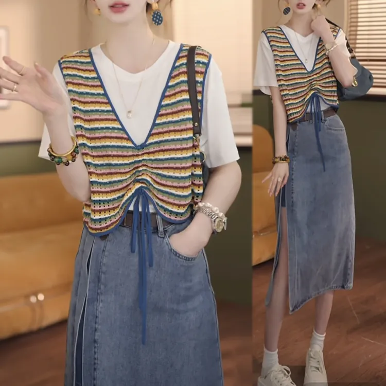 假两件短袖T恤高腰牛仔半身裙套装女2025年夏季新款时尚两件套潮