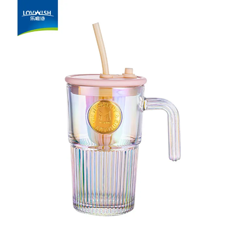 乐唯诗ins风大容量带盖带吸管竖条纹玻璃杯高颜值冷饮杯果汁水杯