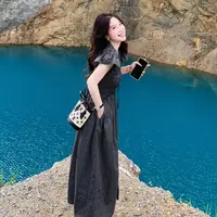 【现货+运贴5米】小飞袖黑色格纹连衣裙女夏季新款收腰显瘦长裙4824