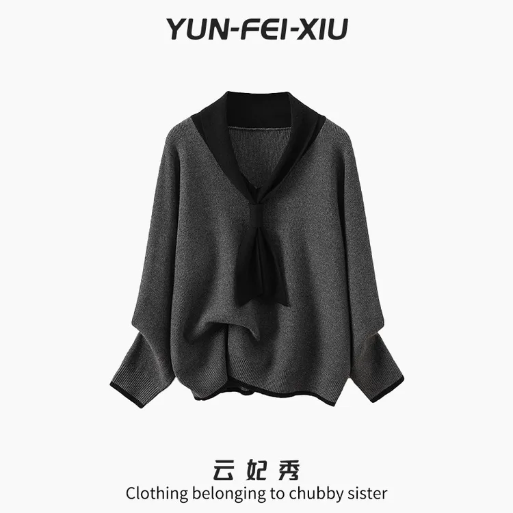 云妃秀大码女装针织衫V领带拼接时尚宽松显瘦遮肉胖妹妹冬季3653