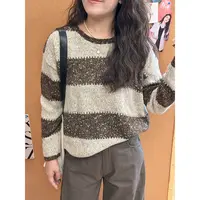 WenWen小个子2025早秋新款韩版时尚简约圆领条纹撞色针织衫4346