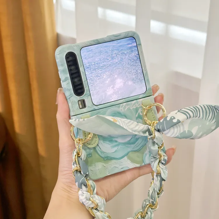 适用华为PuraX典藏版阔折叠手机壳淡青玫瑰水印丝巾手提链保护套