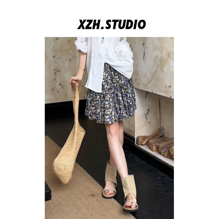 徐子涵ZIHAN 夏款复古小碎花短裙 松紧腰显瘦褶皱拼接半身裙女