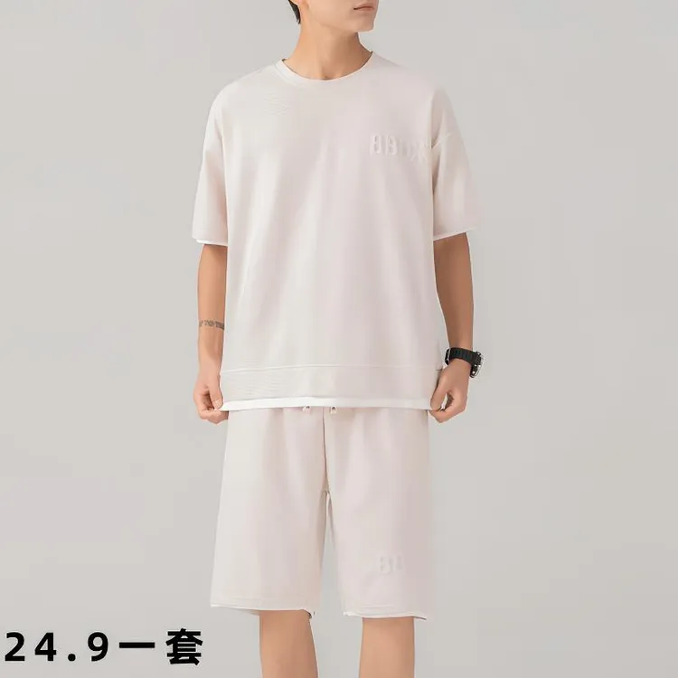 男士夏季套装休闲宽松T恤短裤时尚潮流简约百搭圆领两件套
