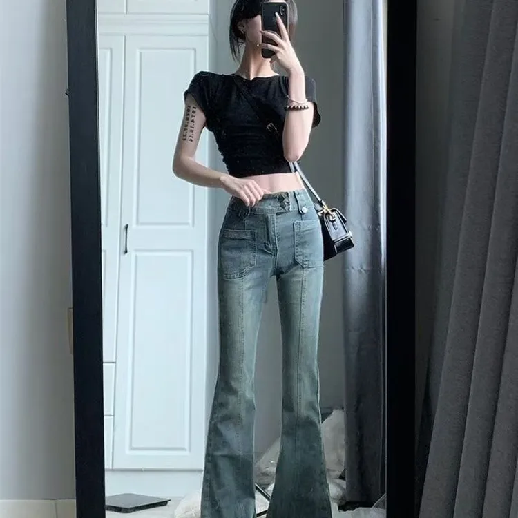 美式复古小个子喇叭裤辣妹高街渐变时尚潮款拼接马蹄微喇牛仔裤女