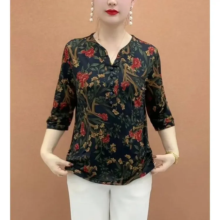 时尚妈妈装夏季印花立领七分袖小衫X气质减龄中老年妈妈显瘦上衣