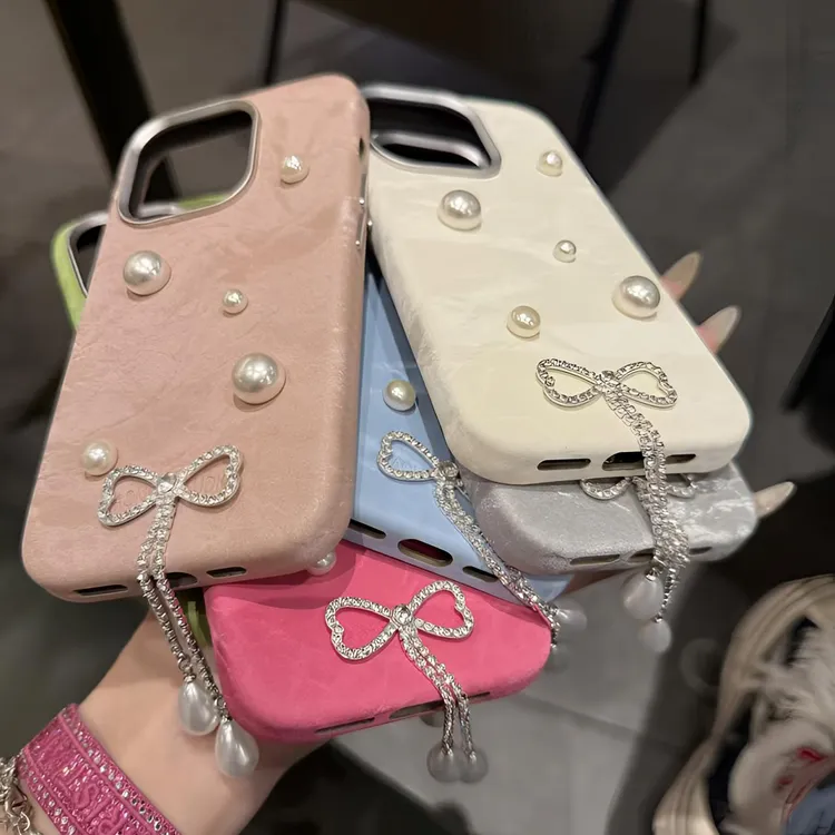 立体珍珠蝴蝶结绸缎壳适用于iPhone16promax手机壳少女15小清新14