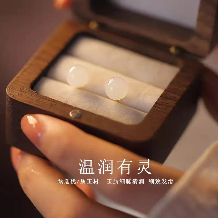 天然和田玉耳钉白玉耳饰 999纯银针女士百搭气质显白时尚精美养耳