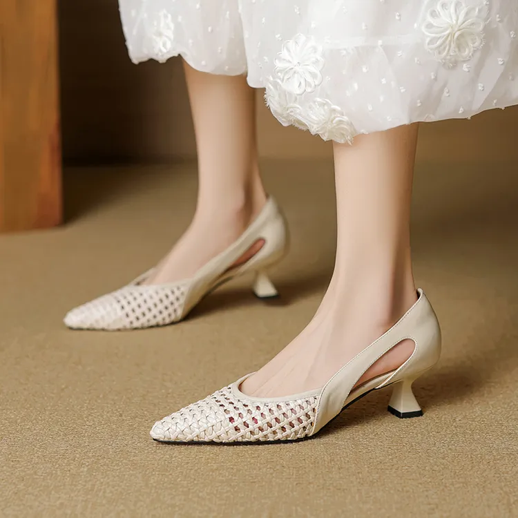 跟高3/CM法式不累脚镂空真皮包头凉鞋女春夏透气高跟鞋尖头单鞋