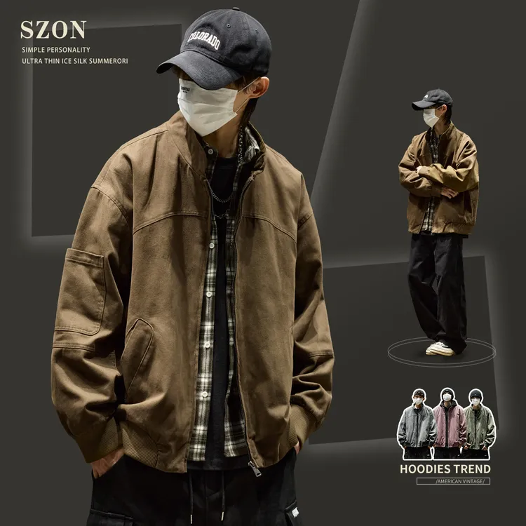 夹克外套男秋冬美式复古纯棉立领棒球服潮牌宽松廓形工装机车服