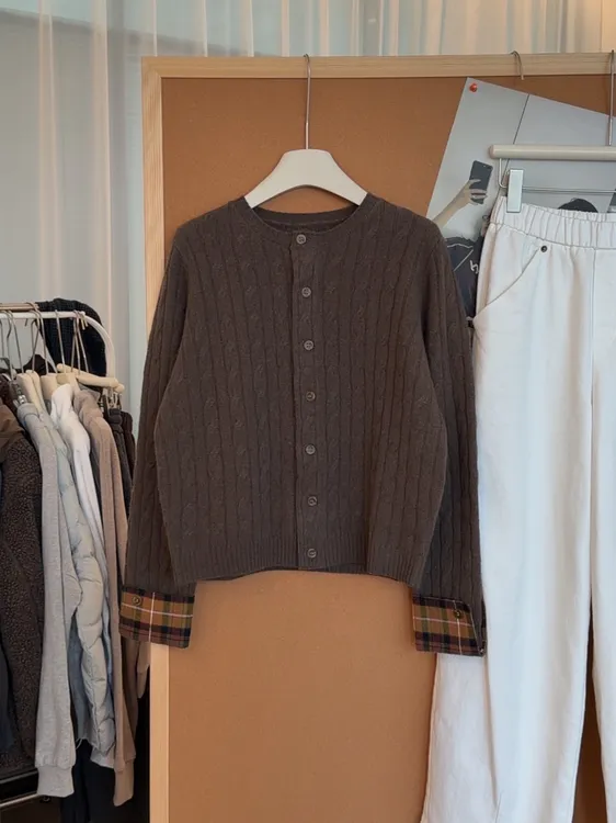 BBR格纹拼接全羊毛经典绞花毛衣开衫