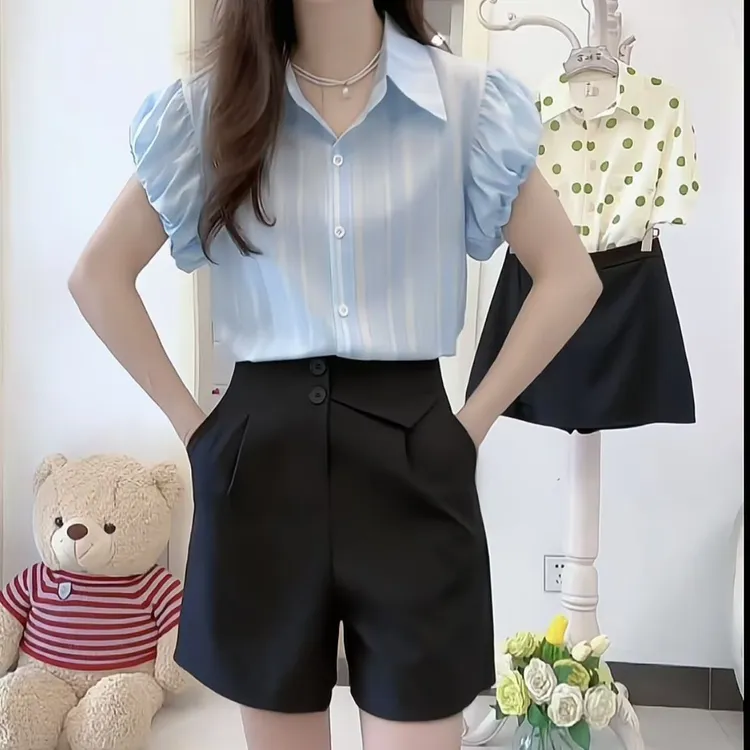 夏季蓝色条纹短袖衬衫女2025新款时尚百搭休闲女衬衣减龄宽松