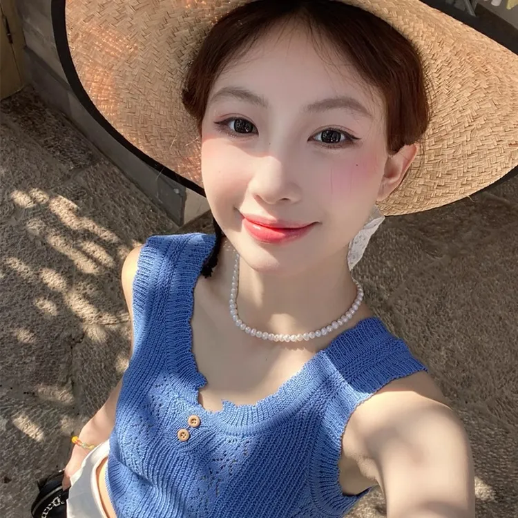 蓝色针织吊带背心女内搭2025夏季新款设计感修身打底无袖上衣外穿