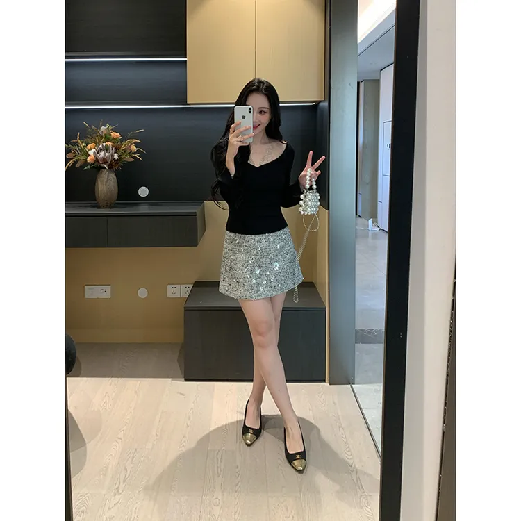 XINYI【极光梦境】秋冬烫钻网纱加绒长袖T女显瘦内搭X625Y19761