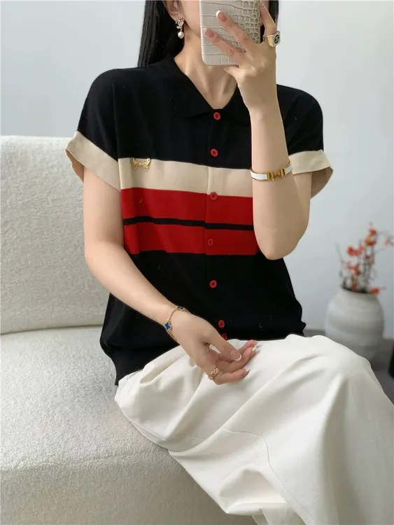 翻领拼色短袖气质针织开衫上衣女2025夏季新款宽松显瘦休闲小衫潮