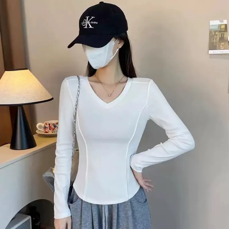秋冬爆款黑色鱼骨修身T恤打底衫长袖白色不规则内搭外穿显瘦上衣