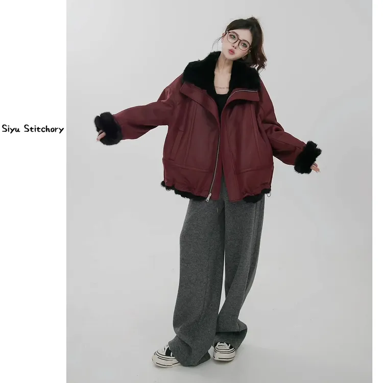 两面穿毛毛短款皮毛一体外套冬季保暖三色美式宽松休闲上衣女秋冬