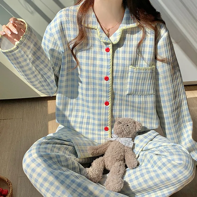 冬季夹棉情侣睡衣日系无印风格子家居服夹层空气棉长袖套装可外穿