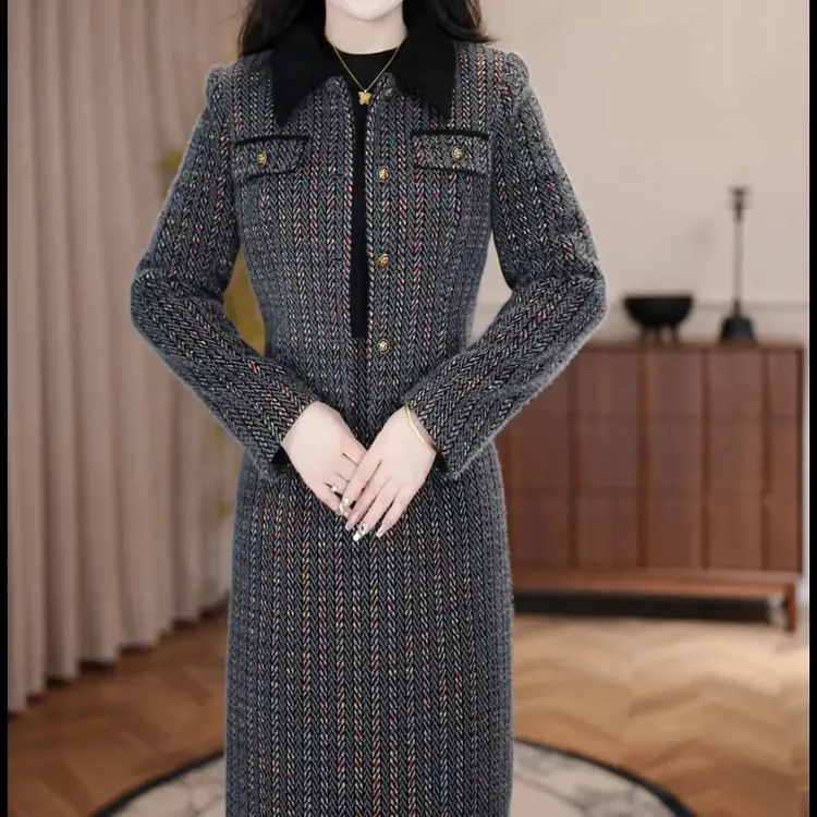 {两件套}2025新款秋冬款气质优雅幻彩灰翻领连衣裙两件套