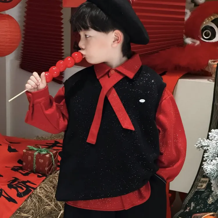 男童过年闪闪发光套装秋冬2025新年儿童拜年服马甲衬衫帅气套装