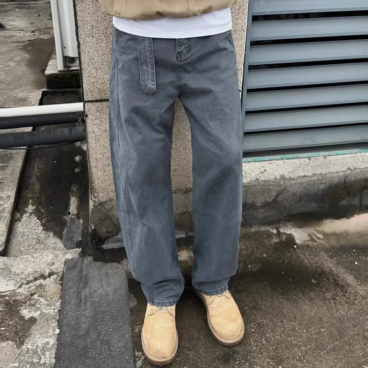 美式复古水洗腰带款弯刀牛仔裤男女夏季中性风百搭宽松休闲直筒裤