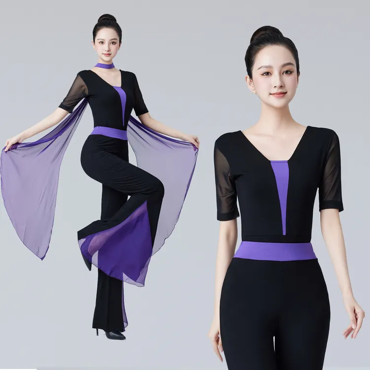 紫色深V拼色纱袖形体服舞蹈服走秀模特芭蕾练功培训礼仪莫代尔