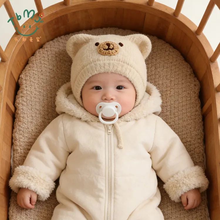 宝宝新年针织帽冬季可爱小熊护耳帽围巾两件套婴幼儿周岁喜庆红帽