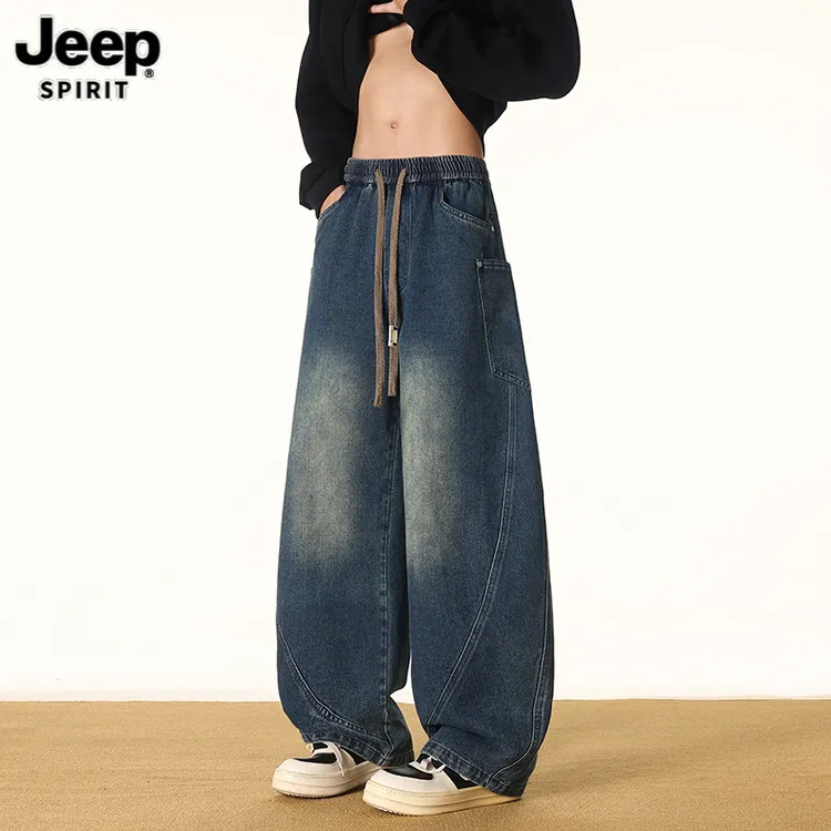 Jeep吉普美式高街男士宽松弯刀牛仔裤大码秋季复古水洗直筒阔腿裤