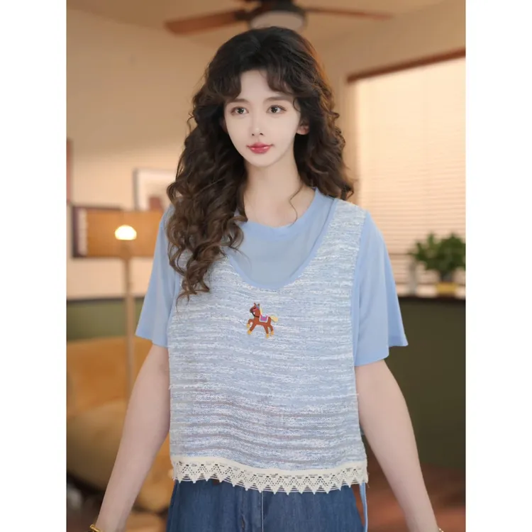 余紫绮【柔声晚霞】夏日T恤女假两件显瘦休闲上衣ZP1665044