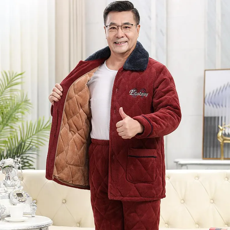 爸爸睡衣男士秋冬季加厚加绒保暖高毛领夹新中老年三层家居服冬款
