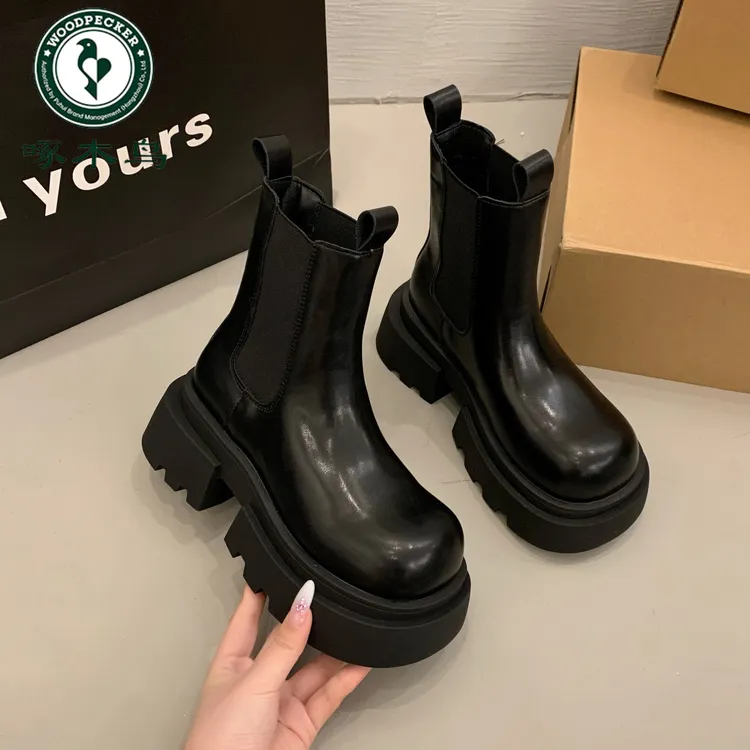 啄木鸟增高厚底马丁靴女2025秋冬新款小个子英伦风加绒切尔西短靴