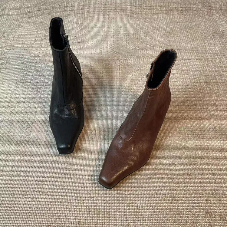 34-40码马皮方头女巫短靴气质款5.5cm跟高