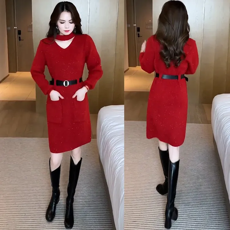 设计感针织连衣裙女士2025秋冬新款收腰显瘦洋气中长款毛衣裙子