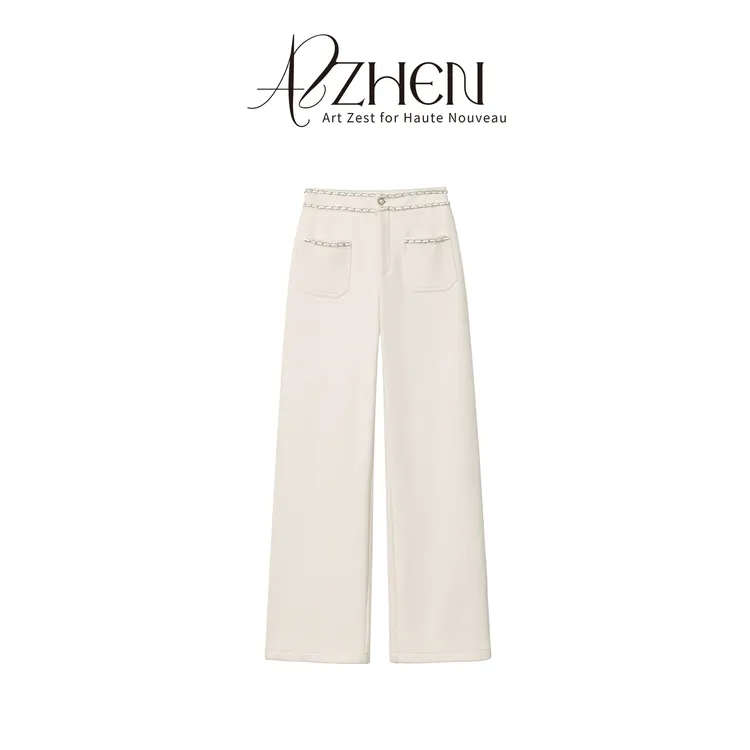 AZZHEN【香颂千金】小香风手工编织链条直通毛呢阔腿裤AZ5PSK16-SK