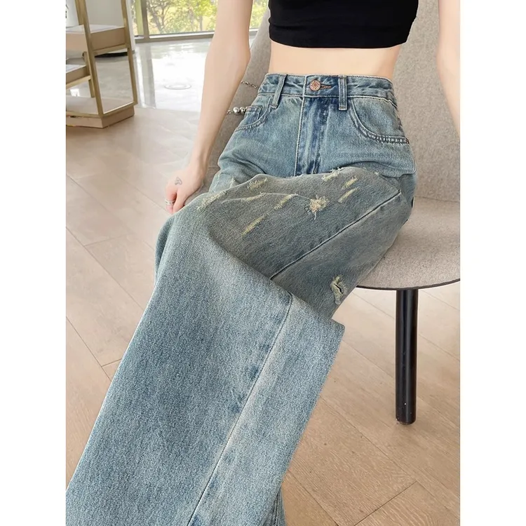 时尚洋气直筒牛仔破洞阔腿牛仔裤女高腰春秋新款宽松遮胯显瘦浅色