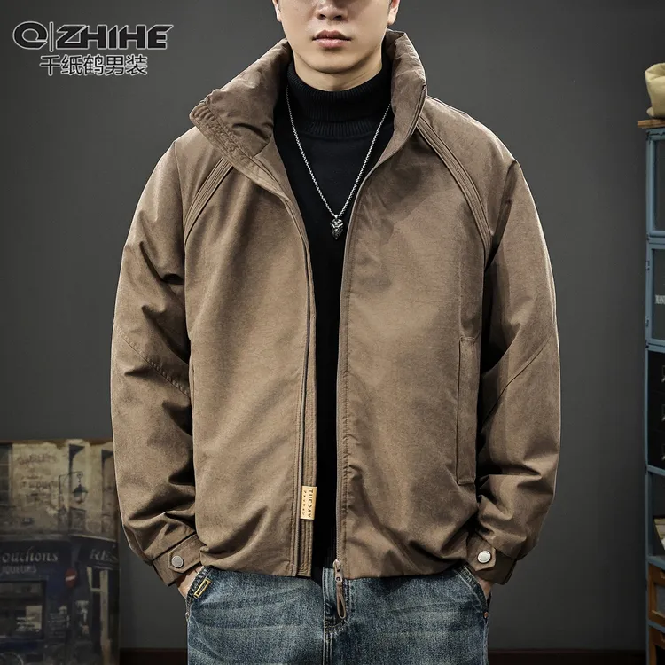 QZHIHE/千纸鹤冬季90白鸭绒男士立领羽绒服美式复古宽松防风外套