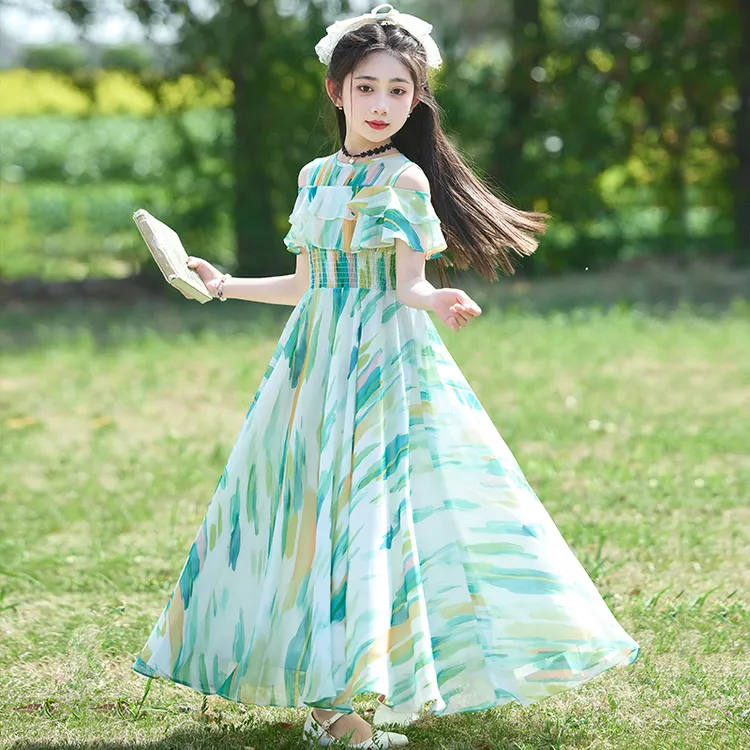 女童雪纺长裙2025夏季新款沙滩裙中大童薄款碎花裙子小女孩连衣裙