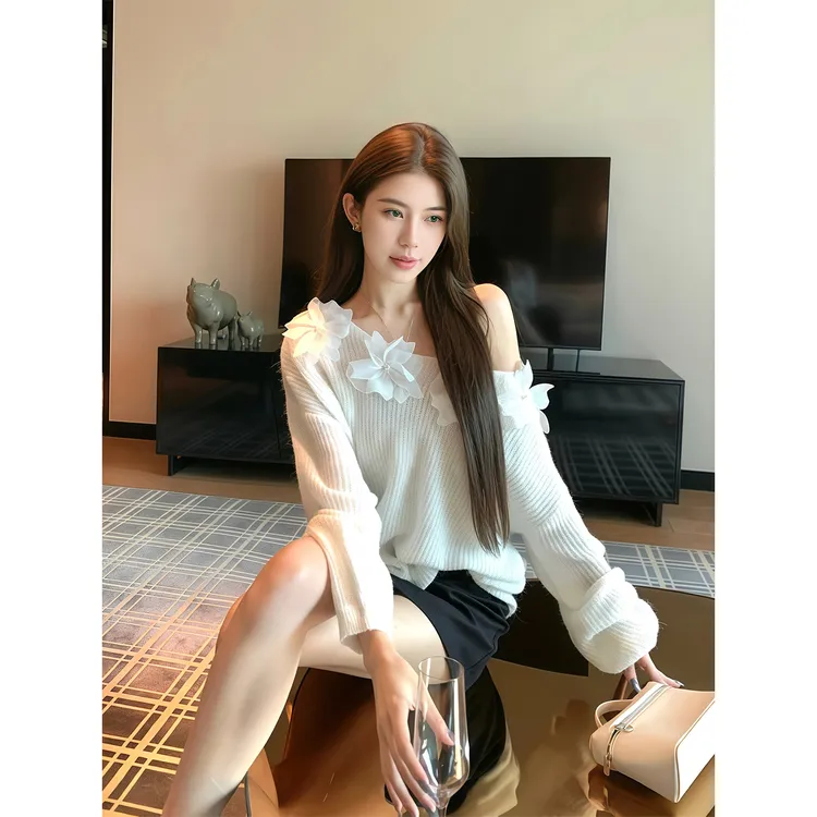 慵懒宽松套头花朵斜肩毛衣女秋季新款软糯时尚休闲针织衫减龄上衣