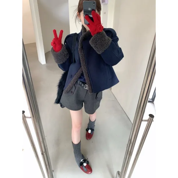 赵小小【伦敦日常】10005 冬装拼接毛毛短款毛呢外套女加厚呢子外套