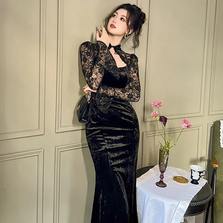 婷婷衣恋20961秋装新款中国风气质喇叭袖收腰修身包臀丝绒连衣裙