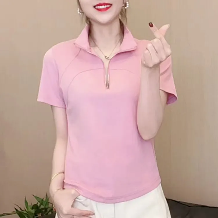 2025春夏半开领设计感显瘦休闲洋气百搭时尚运动修身短袖t恤7737