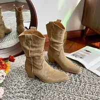 【胖多专属】牛仔靴女2025秋新款粗跟褶皱堆堆短筒高跟马丁靴骑士靴