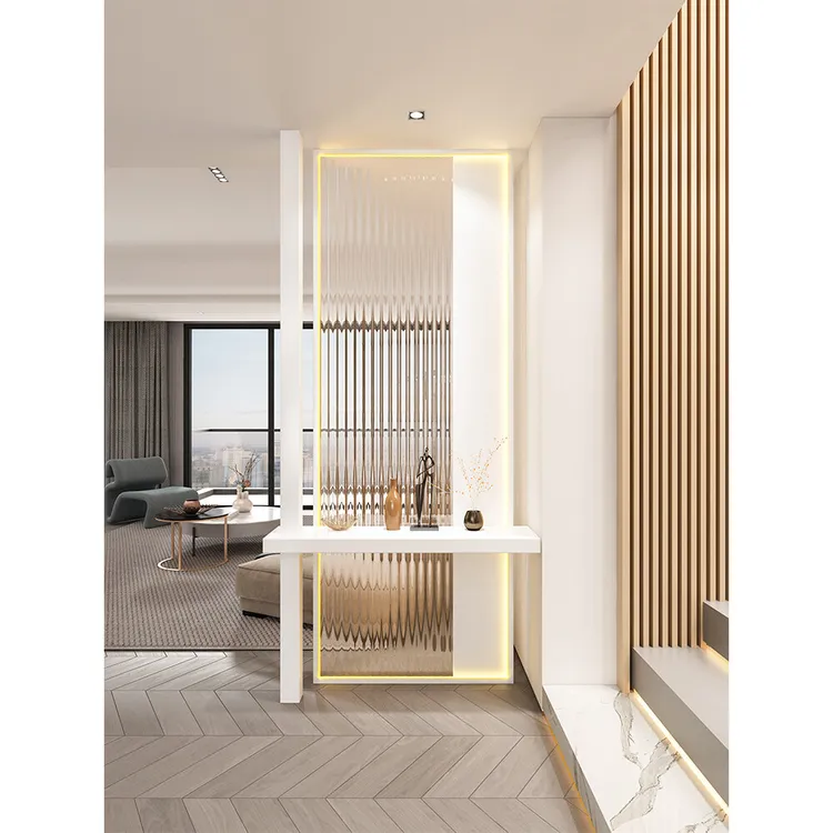奶油风客厅不锈钢实木立柱台面灯光屏风入户玄关遮挡长虹玻璃隔断