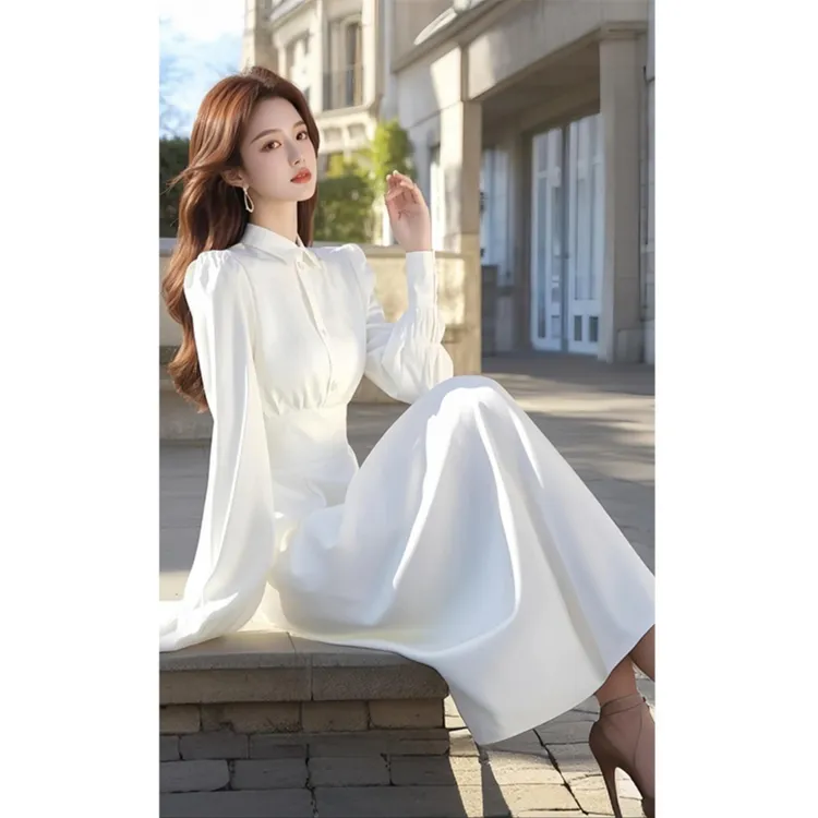 白色长袖衬衫连衣裙2025春季新款法式高级感轻奢气质长裙裙子女装